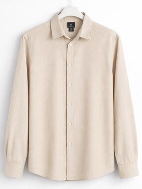 H&M Men's Light Beige Long-Sleeve Button-Down Shirt - Linen Blend- Medium